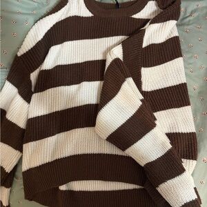 H&M Brown and Cream Striped Crewneck Sweater